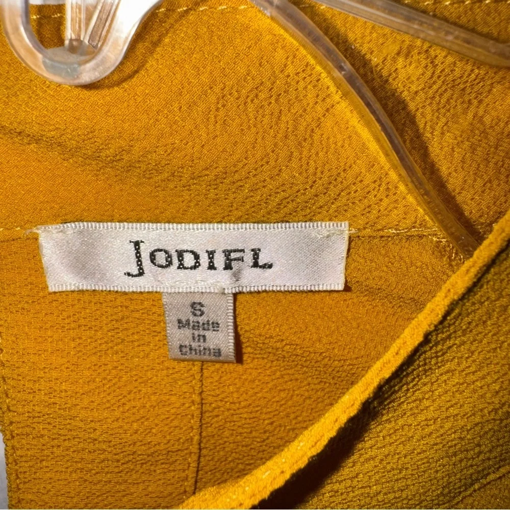 JODIFL Golden Mustard Yellow Double Keyhole Long Sleeve Blouse Wrist Ruffles